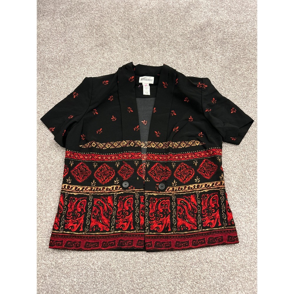 90s Studio I Blazer Top Womens 12 Black Red Gold Baroque Short Sleeve Excellent